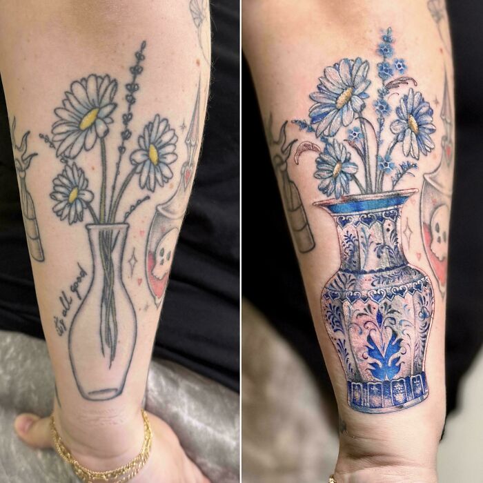 A before-and-after image showing a tattoo cover-up, transforming a simple floral outline into a detailed vase of flowers.