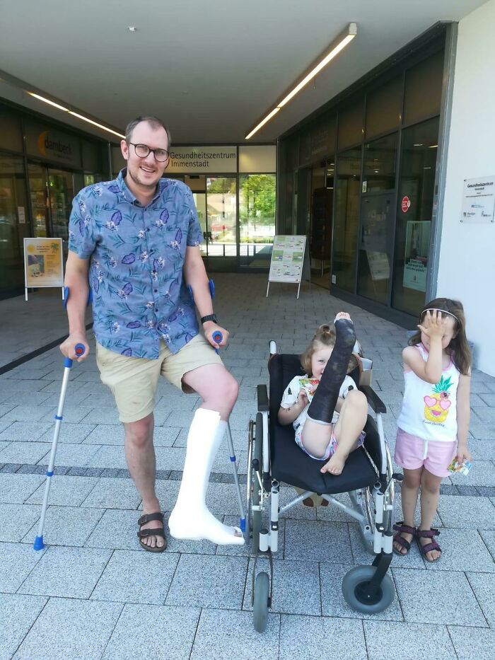Family trip didn't go as planned with both dad and daughter injured and in casts.