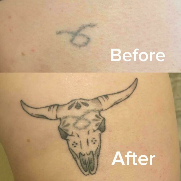 A small, faded old tattoo of a number 6 transformed into a detailed bull skull cover-up design.