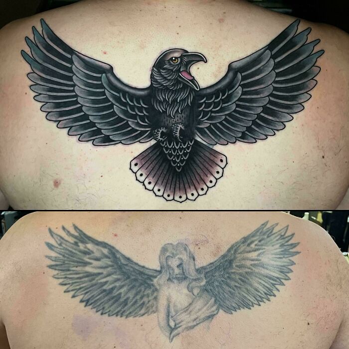 Before and after images of an angel tattoo cover-up transforming into a bold, black raven on a person's back.