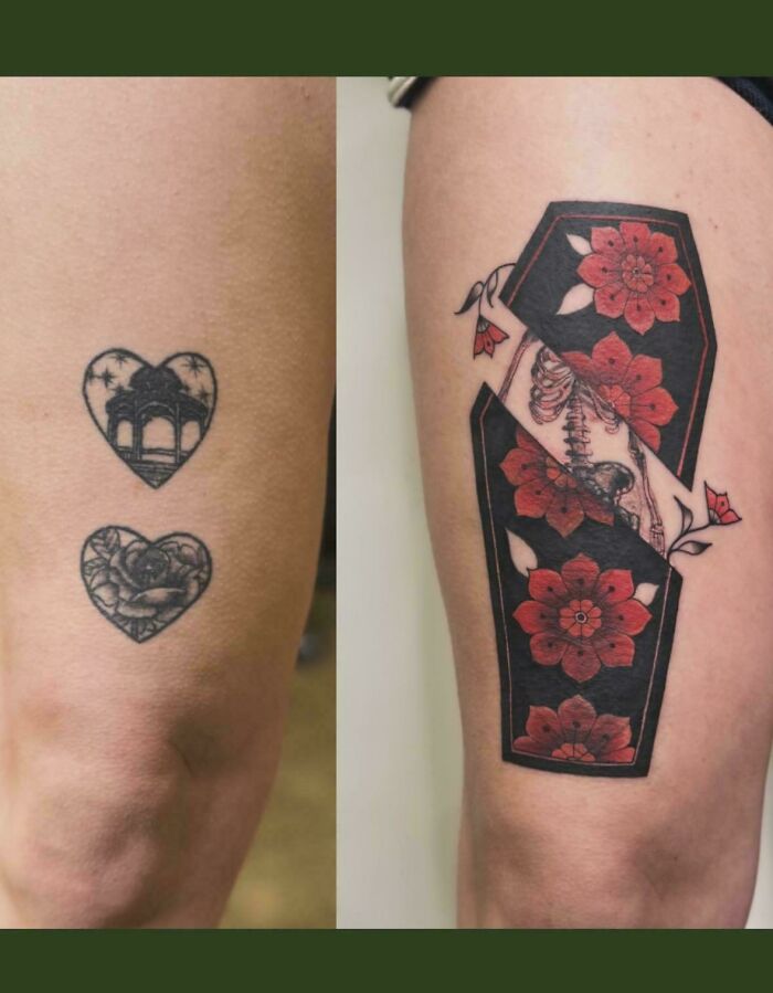 Two small heart tattoos are covered by a striking coffin design with red flowers and a skeletal hand, an incredible tattoo cover-up.