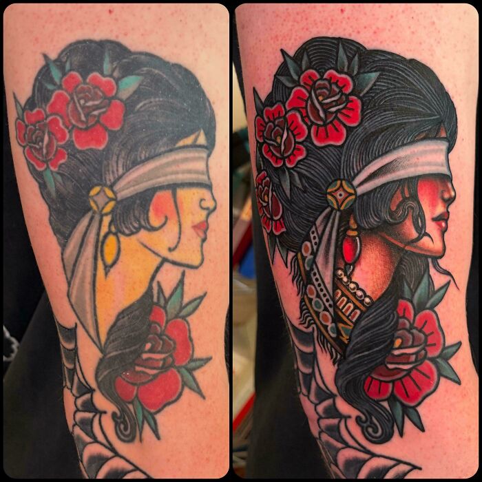 A traditional blindfolded woman tattoo with red roses is enhanced with intricate details and shading, an incredible tattoo cover-up.