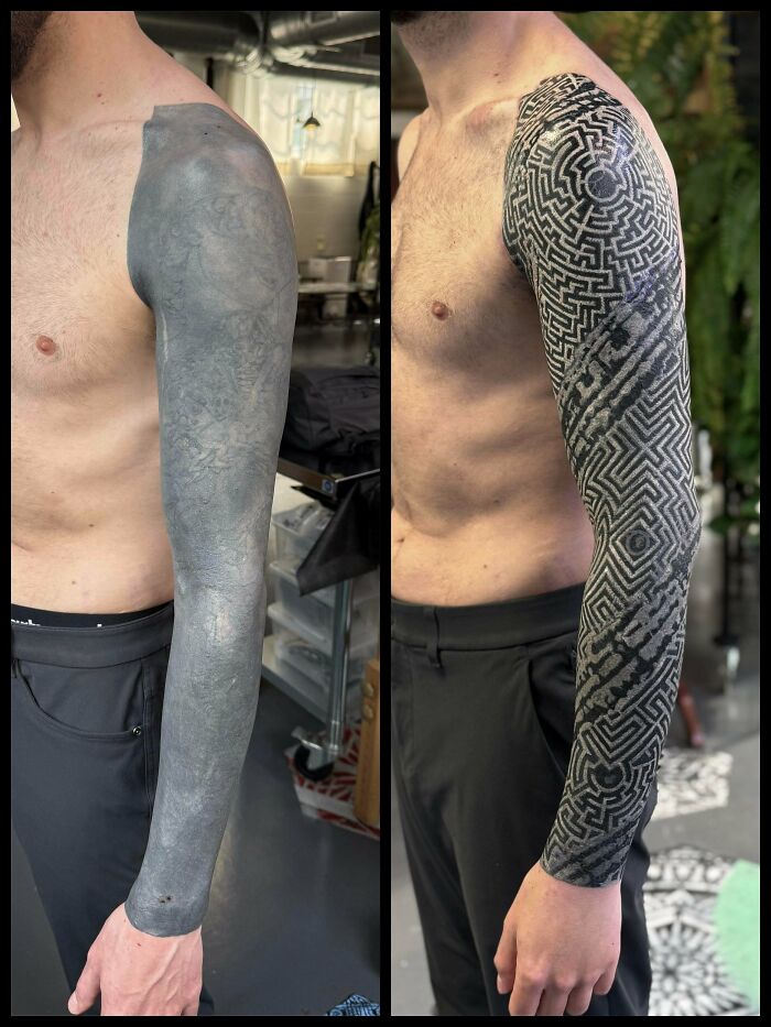 A man's arm with a faded dark tattoo is now a detailed geometric pattern, an incredible tattoo cover-up transformation.