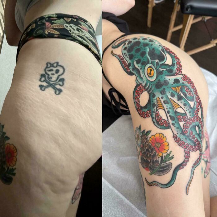 An old skull and crossbones tattoo is transformed into a vibrant blue octopus and floral design, an incredible tattoo cover-up.