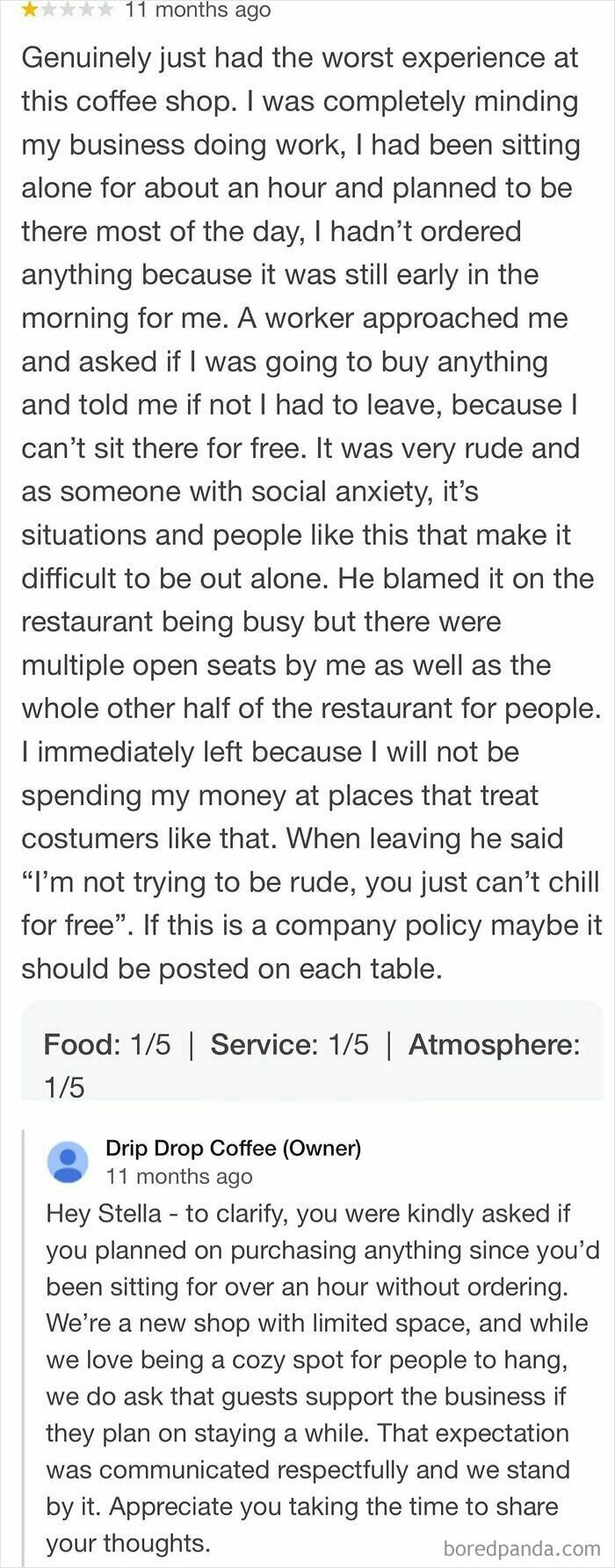 Entitled folks: A coffee shop owner responds to a customer complaint about sitting without ordering, highlighting policy.