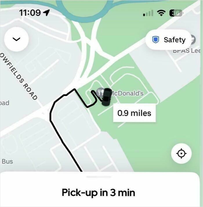 An entitled person uses a navigation app showing 0.9 miles and 3 min pick up, displaying a lack of effort.