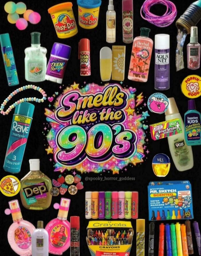 An array of products from the 90s, including Play-Doh, hairspray, and perfumes, for nostalgic memes.