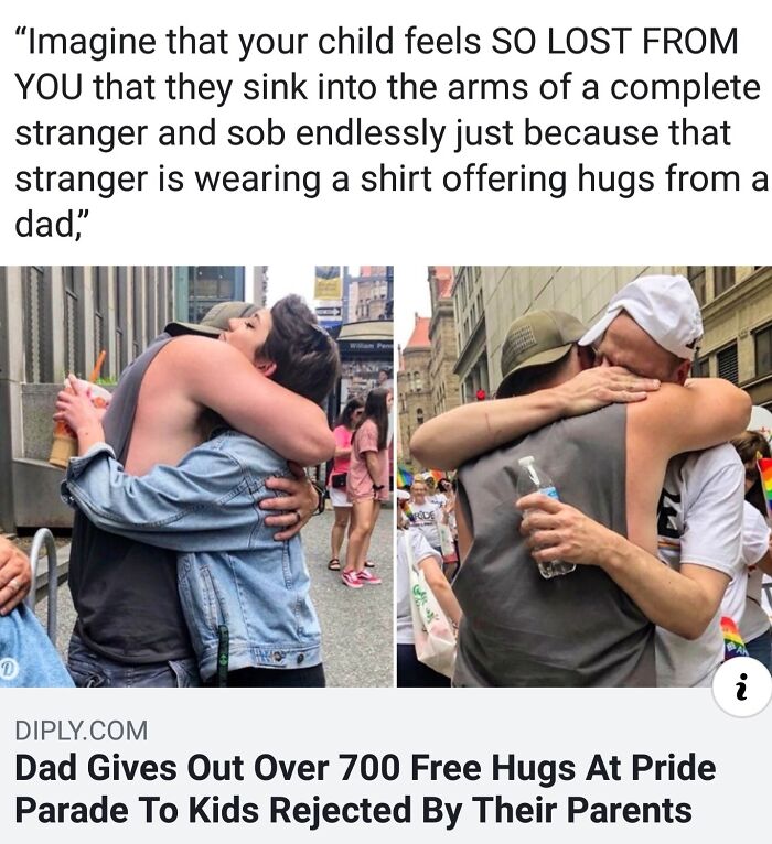 A wholesome image featuring a dad giving free hugs at a Pride Parade to children rejected by their parents.