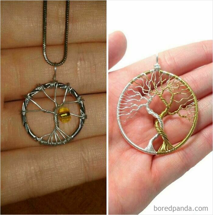A wholesome image of two wire-wrapped tree of life pendants. This oddly wholesome image makes you breathe a little easier today.
