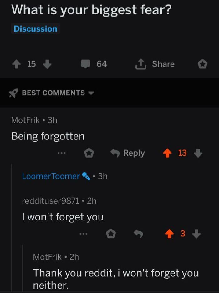 An oddly wholesome image of Reddit users sharing fears, with one offering comfort about not being forgotten.