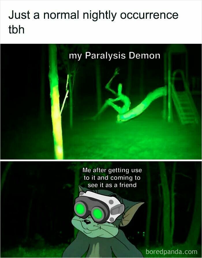 An oddly wholesome image illustrating a person befriending their sleep paralysis demon, making it seem less scary.