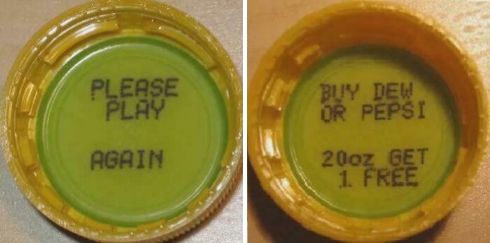 Two bottle caps with Please Play Again and Buy Dew or Pepsi, a nostalgic meme for '90s kids remembering promotions.