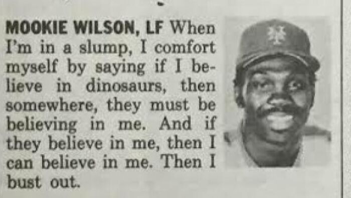 A wholesome image of an article featuring Mookie Wilson discussing his comforting belief in dinosaurs.