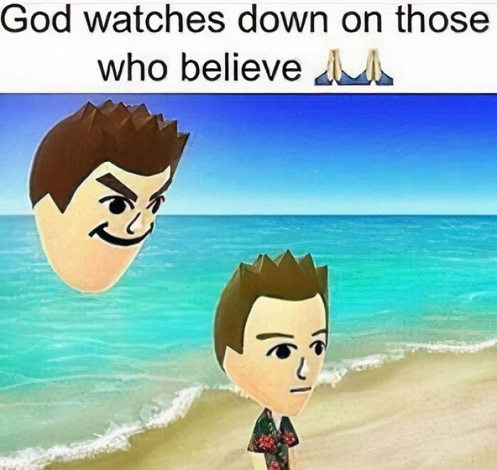 Wholesome images showing a Mii character looking at a larger Mii character's head floating in the sky over a beach.