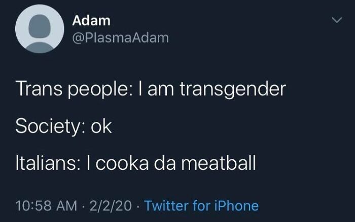 Screenshot of a tweet with a wholesome image, text about transgender people and Italians cooking meatballs.