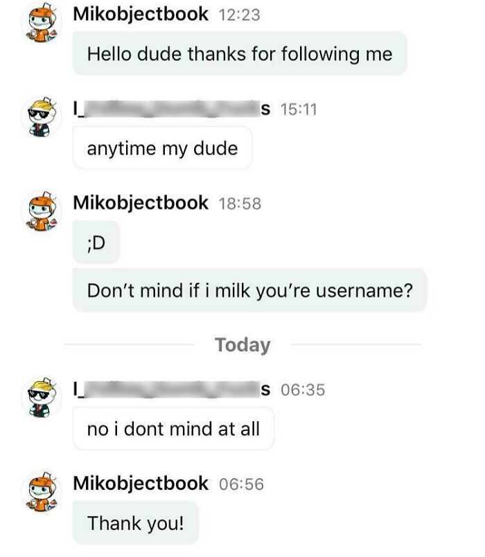 Wholesome images of a text conversation between two Reddit users, one asking to 'milk' the other's username.