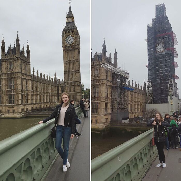Before and after pictures of a young woman in front of Big Ben, illustrating trips that didn't go as planned.