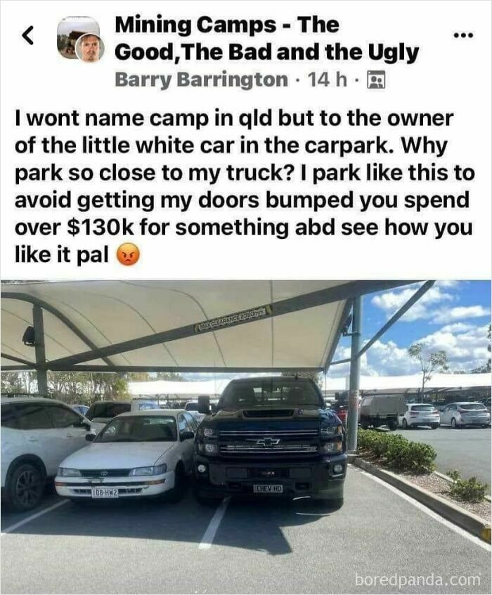 Screenshot of entitled folks parking their large truck extremely close to a smaller car in a parking lot.