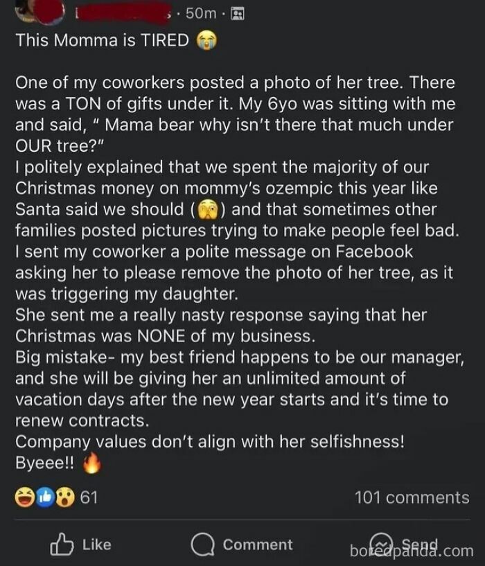 A Facebook post from an entitled mom angry at a coworker's Christmas tree photo and seeking vacation days.