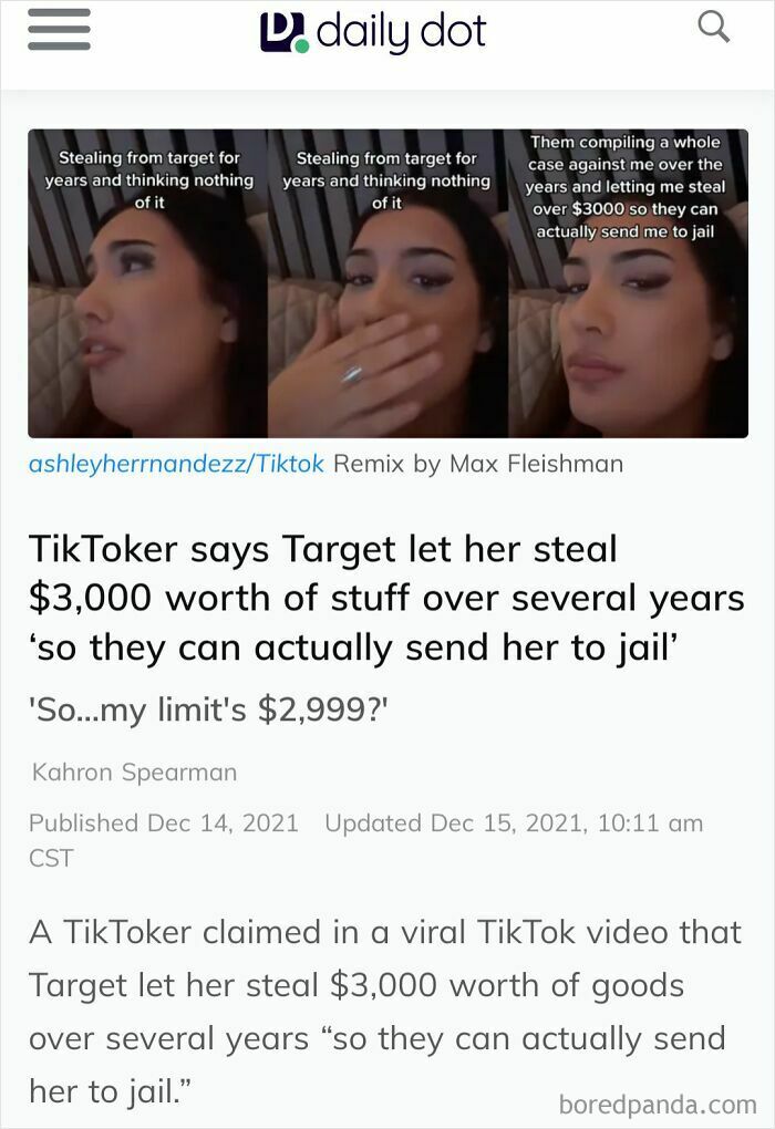 A TikToker claiming that Target let her steal $3000 worth of items. This illustrates an entitled folk.