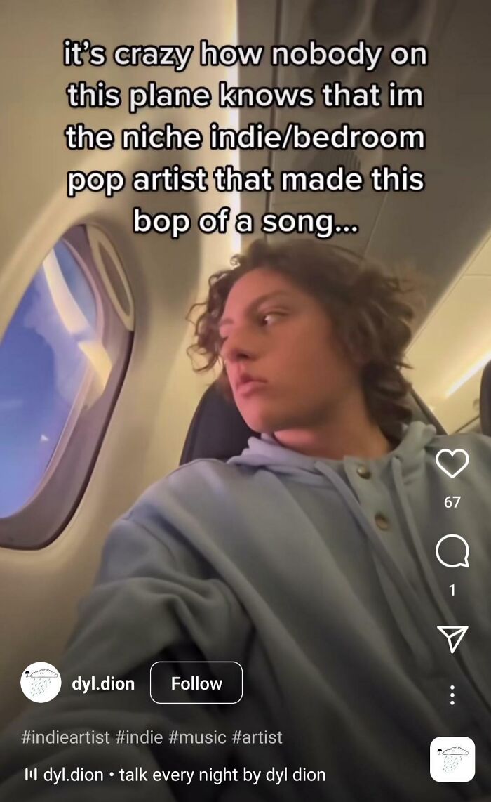 Entitled folks: A young person on a plane with text stating they are a niche indie artist.