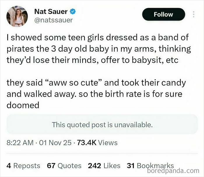 Entitled folks captured in a tweet about teen girls showing indifference to a baby, acting like others are extras.