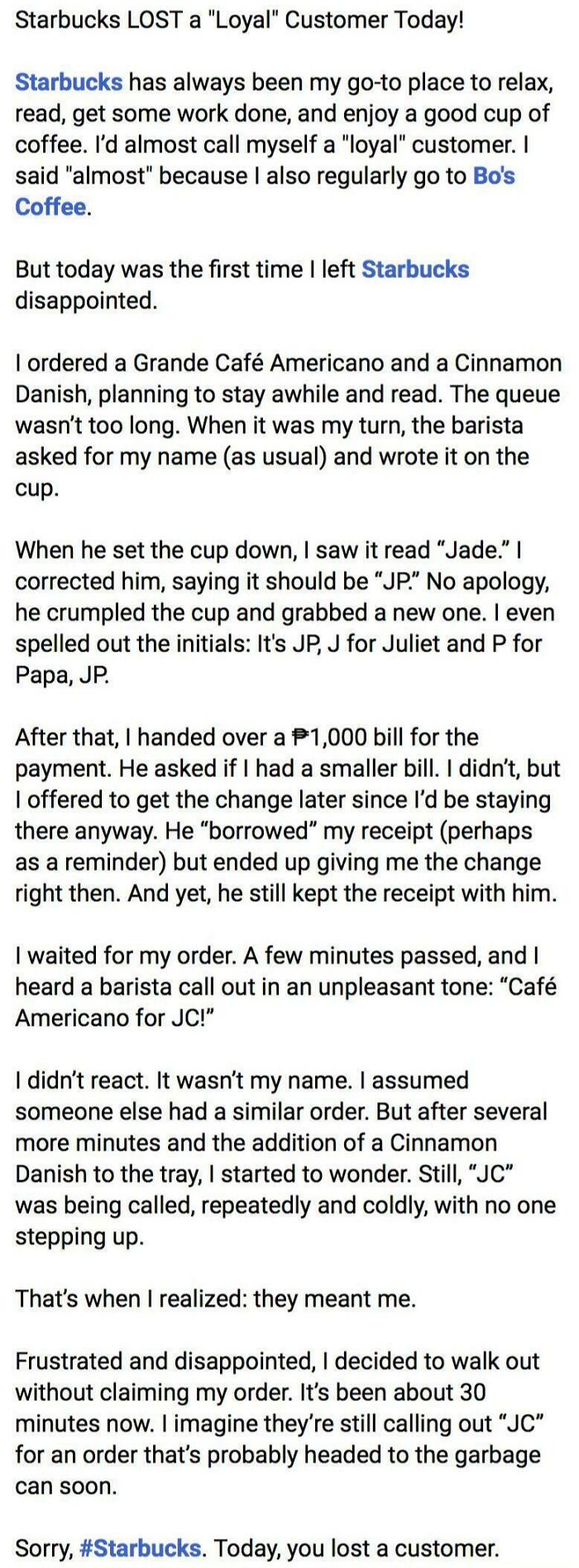 An entitled Starbucks customer's long complaint about a mispronounced name and order mix-up, detailing entitled folks.