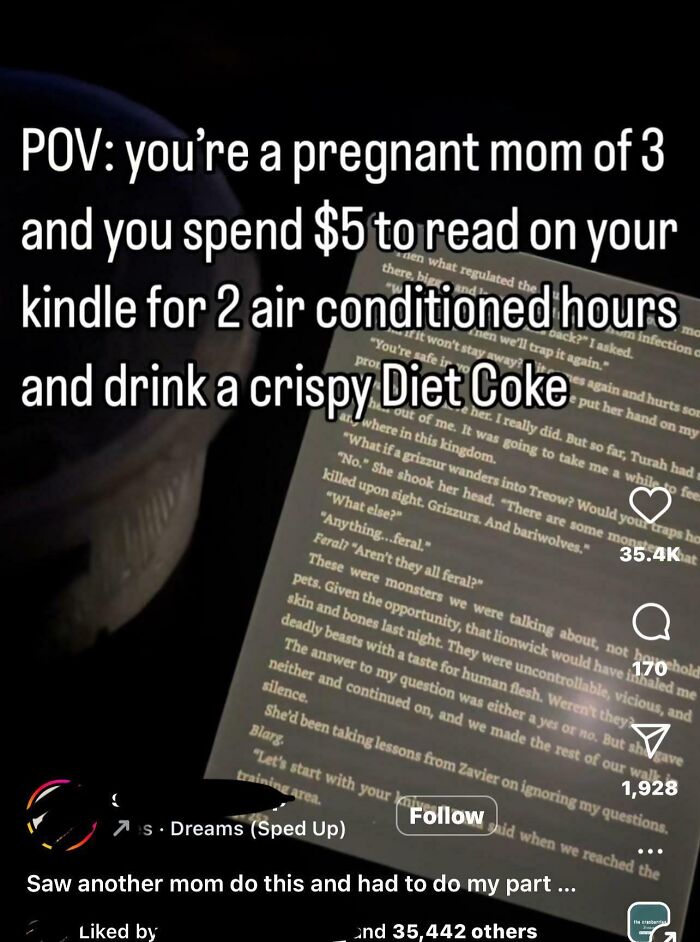 A pregnant mom enjoys quiet time reading on a Kindle with a Diet Coke, showing entitled folks perspective.