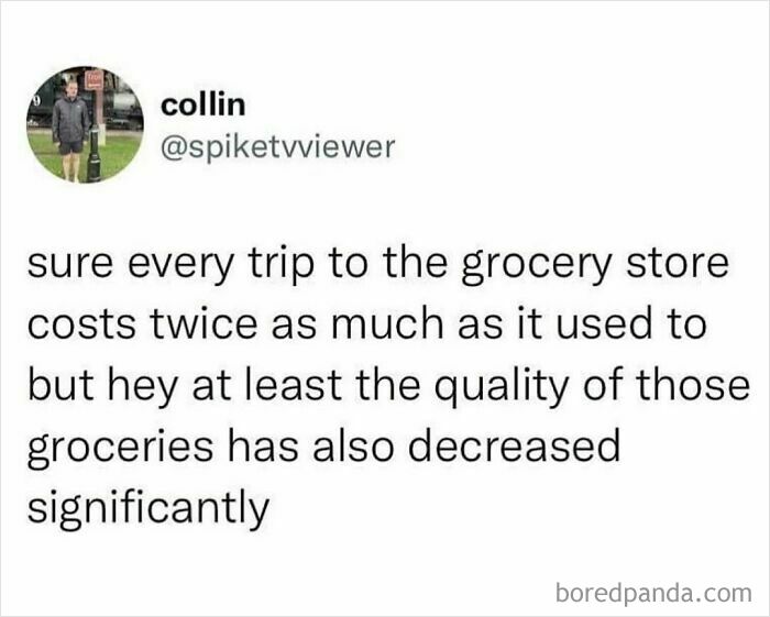 A tweet about grocery store costs and quality, providing hilarious memes for procrastinating.