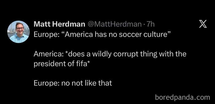 Hilarious memes: A tweet from Matt Herdman about Europe's soccer culture vs. America's.