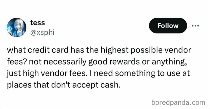A social media post asking about credit cards with high vendor fees, a humorous meme for procrastinating.