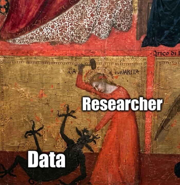 An ancient painting modified to depict a researcher striking a demon labeled data, a funny meme for those who understand stats.