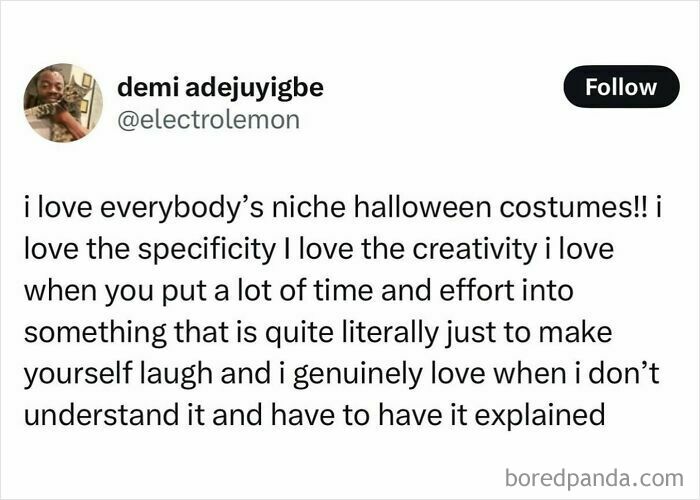 Hilarious memes: A tweet from @electrolemon expressing love for niche Halloween costumes and their creativity.