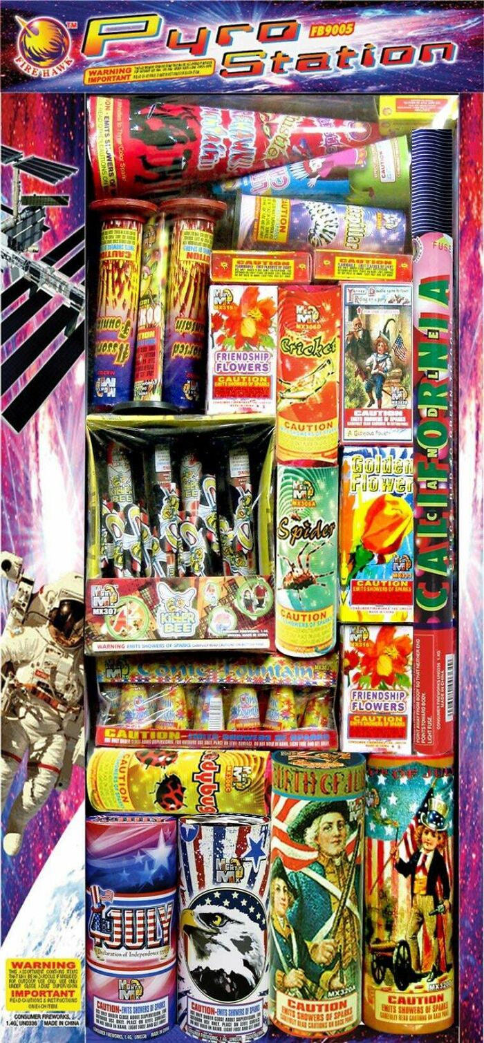 A crowded display of fireworks labeled Pyrotechnic Station, a design fail with too many competing elements.