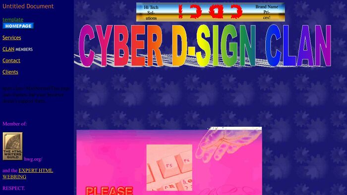 A chaotic website design with rainbow text 'CYBER D-SIGN CLAN' and a pink background, showcasing a significant design fail.