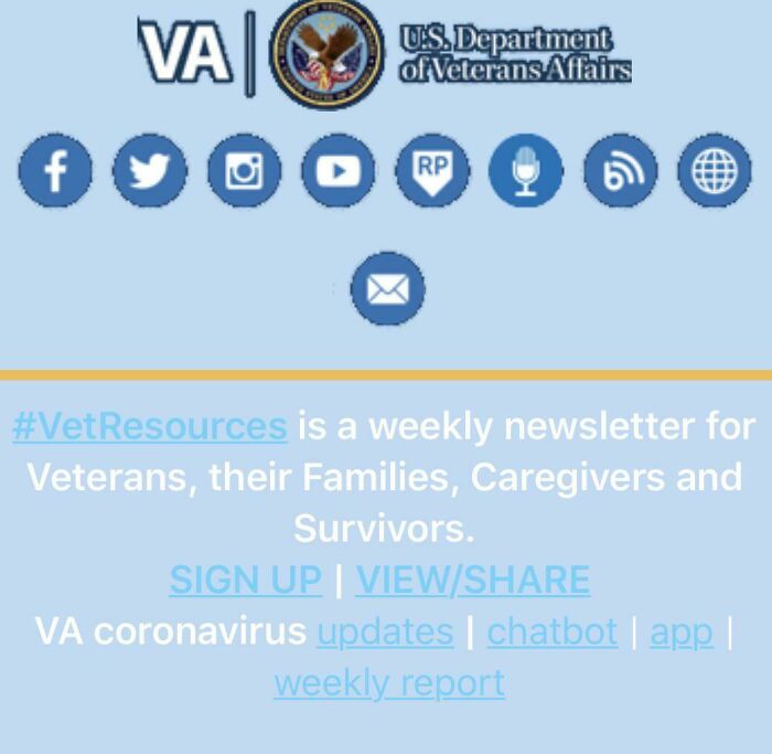 A website section with the VA logo and social media icons, showing an impressive design fail in layout.