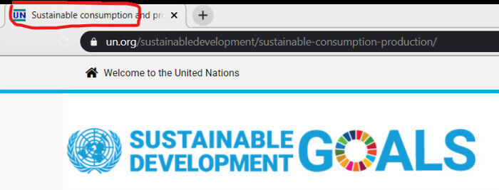 A browser tab showing Sustainable consumption and production, highlighting a design fail in the URL. 