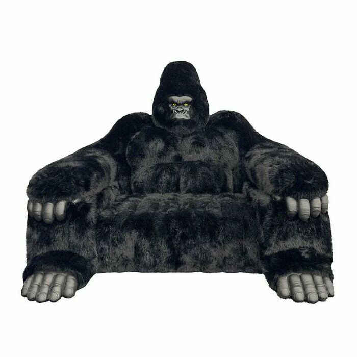 A gorilla-shaped chair, an impressive design fail that looks like a furry seat.