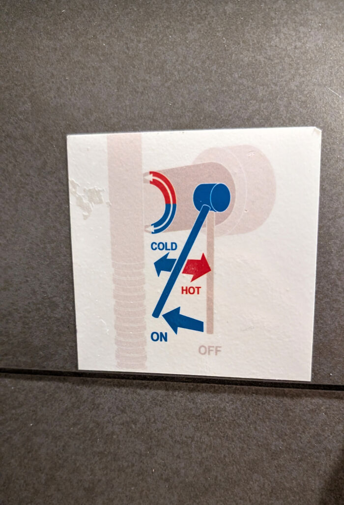 A confusing diagram explaining faucet controls, an impressive design fail in its own way.