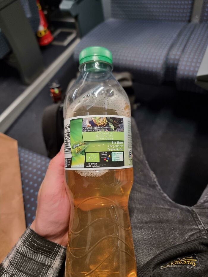 A bottle of iced tea with a very long and detailed label, a design fail that is impressive in its own way.