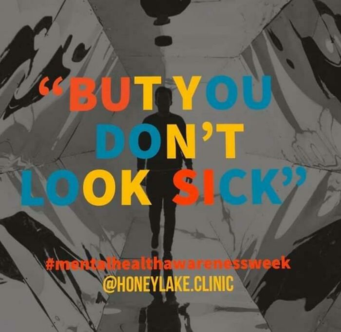 A person silhouetted in a reflective hallway with the words BUT YOU DON'T LOOK SICK, an example of design fails.
