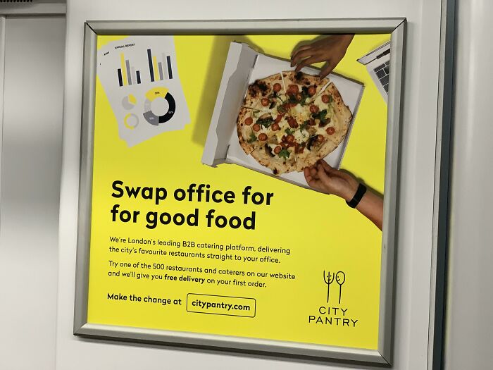 An advertisement for City Pantry food delivery, a design fail that is impressive in its own way with too many details.