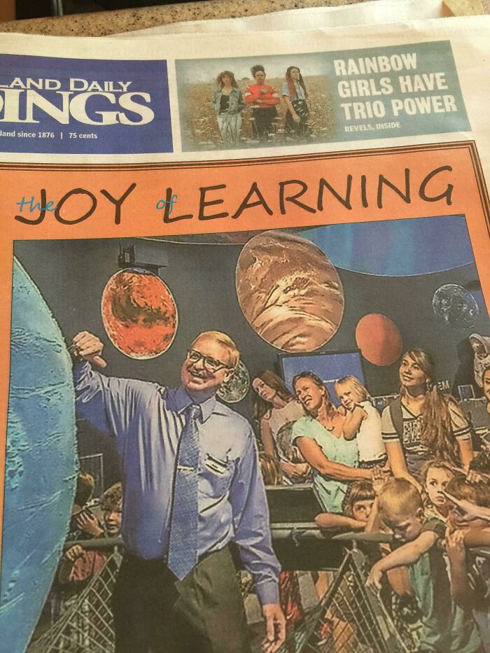 Newspaper headline with a clear design fail, overlapping The Joy of Learning on a school trip photo.
