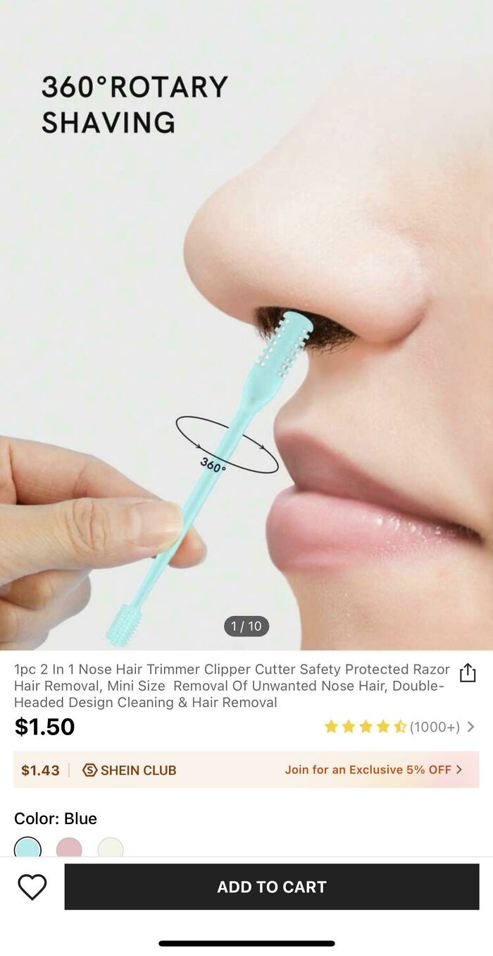 Person demonstrating a nose hair trimmer, highlighting a funny design fail in product presentation.