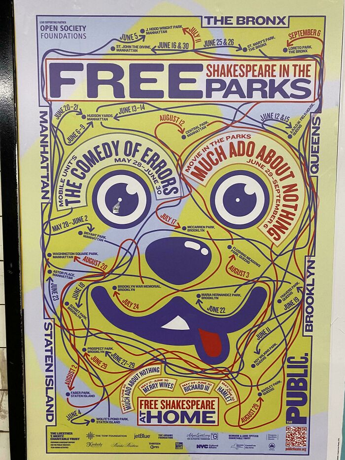 A convoluted map for Free Shakespeare in the Parks, with an illegible design representing a Design Fails.