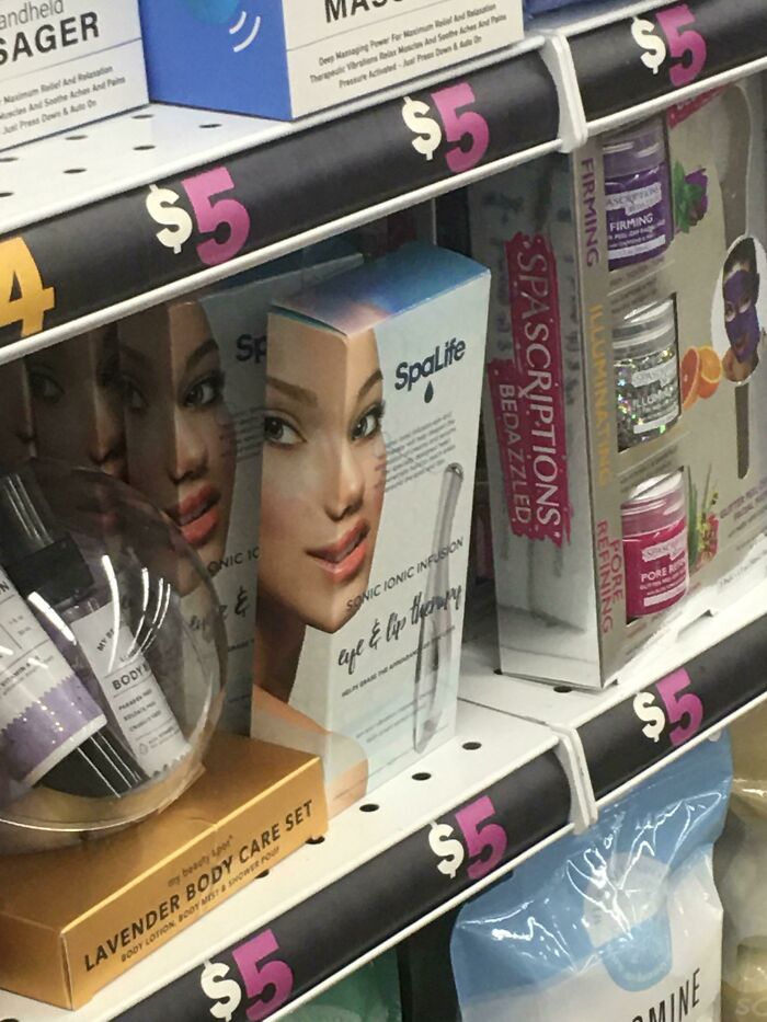 A SpaLife box with a woman's face printed across two sides, creating a distorted Design Fails.