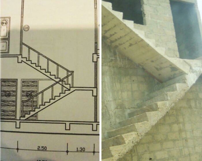 A split image showing a staircase blueprint on the left and a concrete staircase built incorrectly, a major design fail.