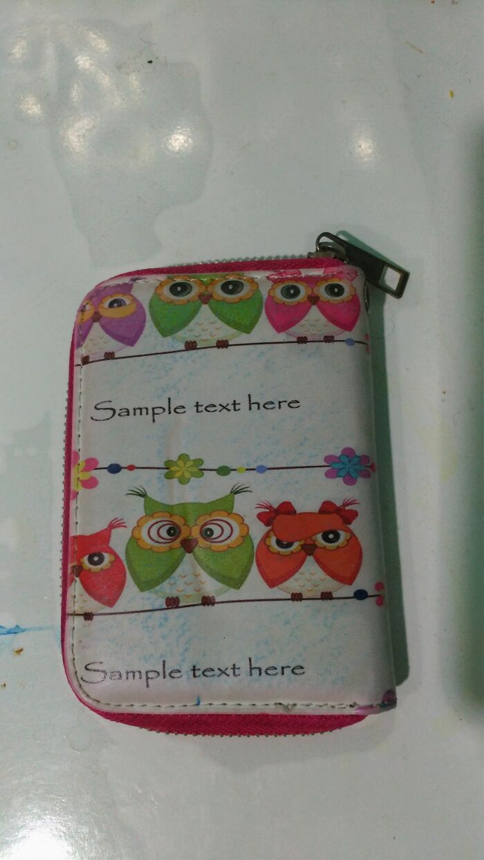 An owl-themed pencil case displaying Sample text here twice, a clear design fail.