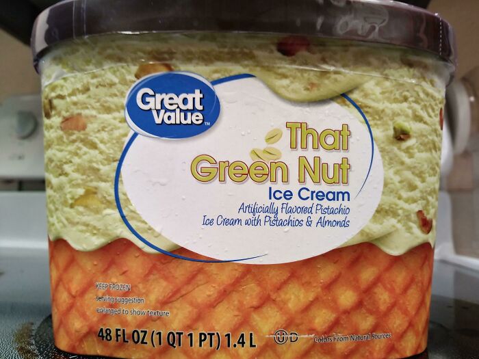 Great Value pistachio ice cream labeled 'That Green Nut Ice Cream', highlighting a funny design fail.