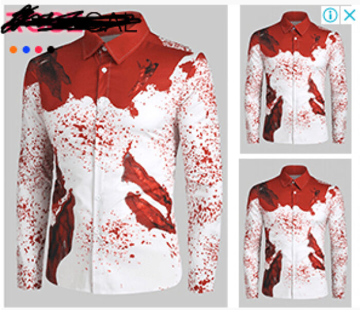 A white shirt with red splatter design fails, resembling a bloody mess, displayed with smaller views.